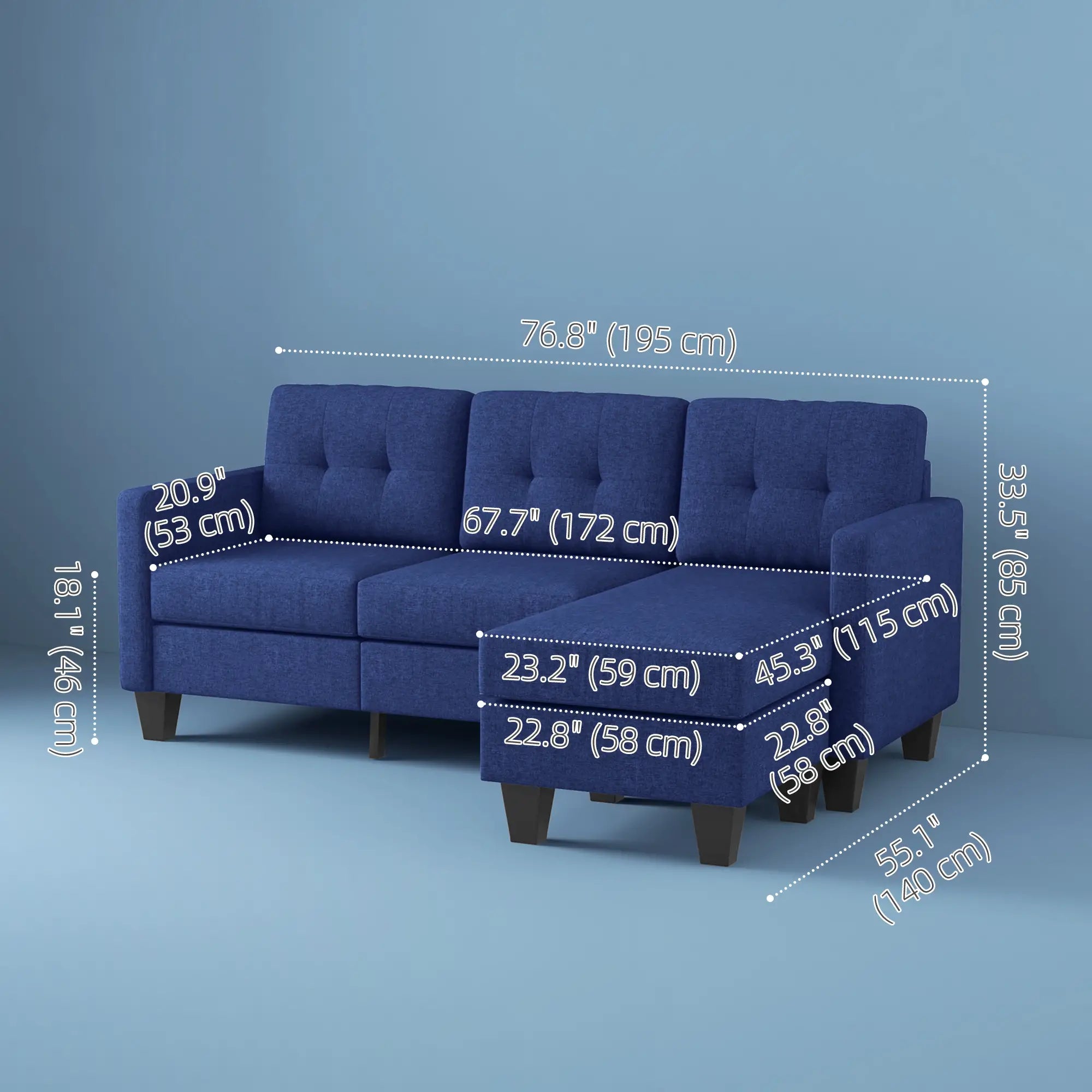 L-shaped Sofa, 3 Seater Sectional Couch with Ottoman, Corner Sofa with Thick Padded Cushion and Wood Legs, Dark Blue 3-Seater Sofas at Gallery Canada