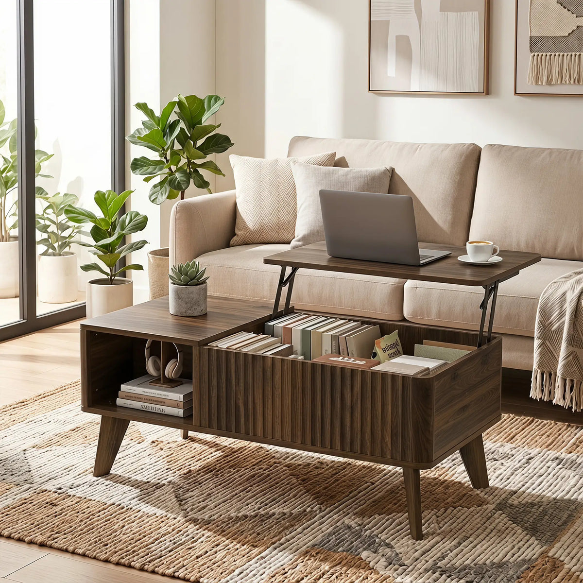 40" Fluted Lift Top Coffee Table, Walnut Storage Table Coffee Tables at Gallery Canada