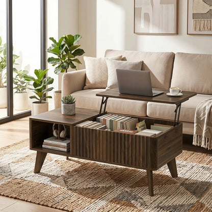 40" Fluted Lift Top Coffee Table, Walnut Storage Table Coffee Tables at Gallery Canada