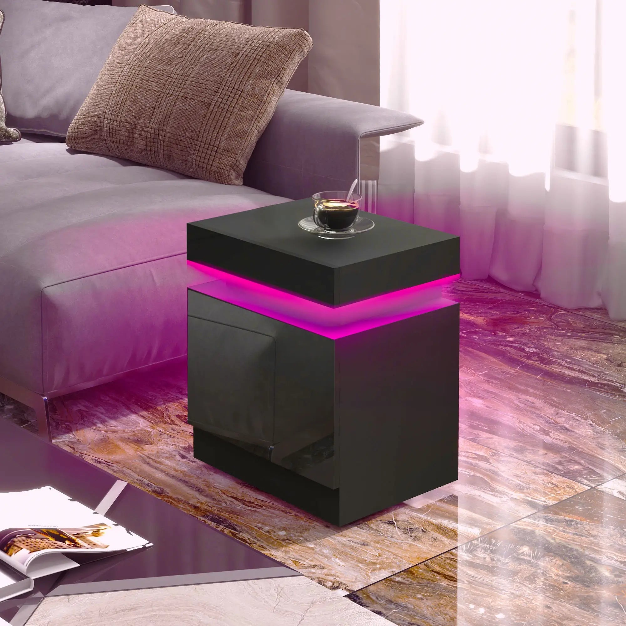 Nightstand, Bedside Table with LED Lights, 2 Drawers, Black Bedside Tables at Gallery Canada
