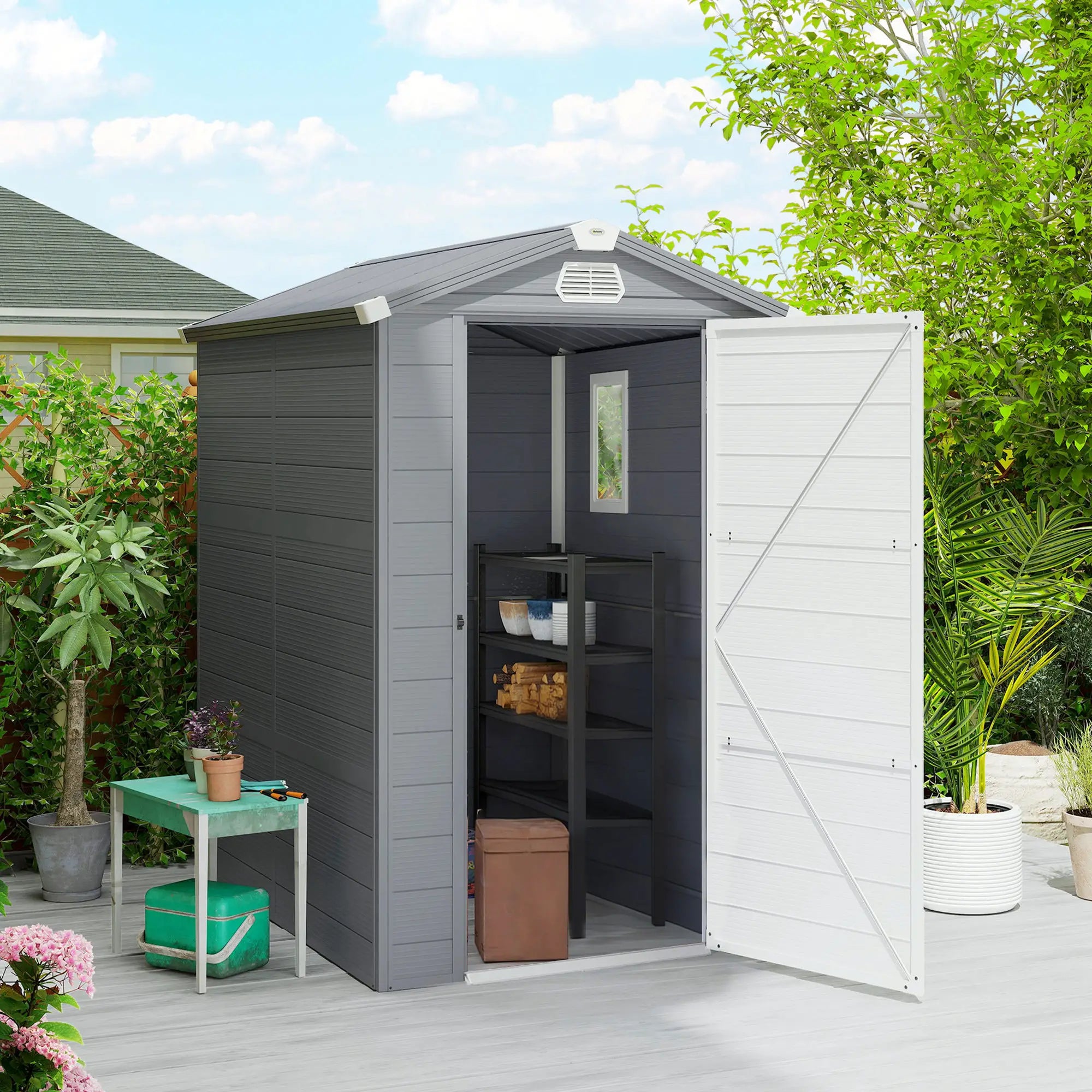 4.5' x 6' Plastic Garden Storage Shed, Latch Door, Vents, Dark Grey Sheds at Gallery Canada