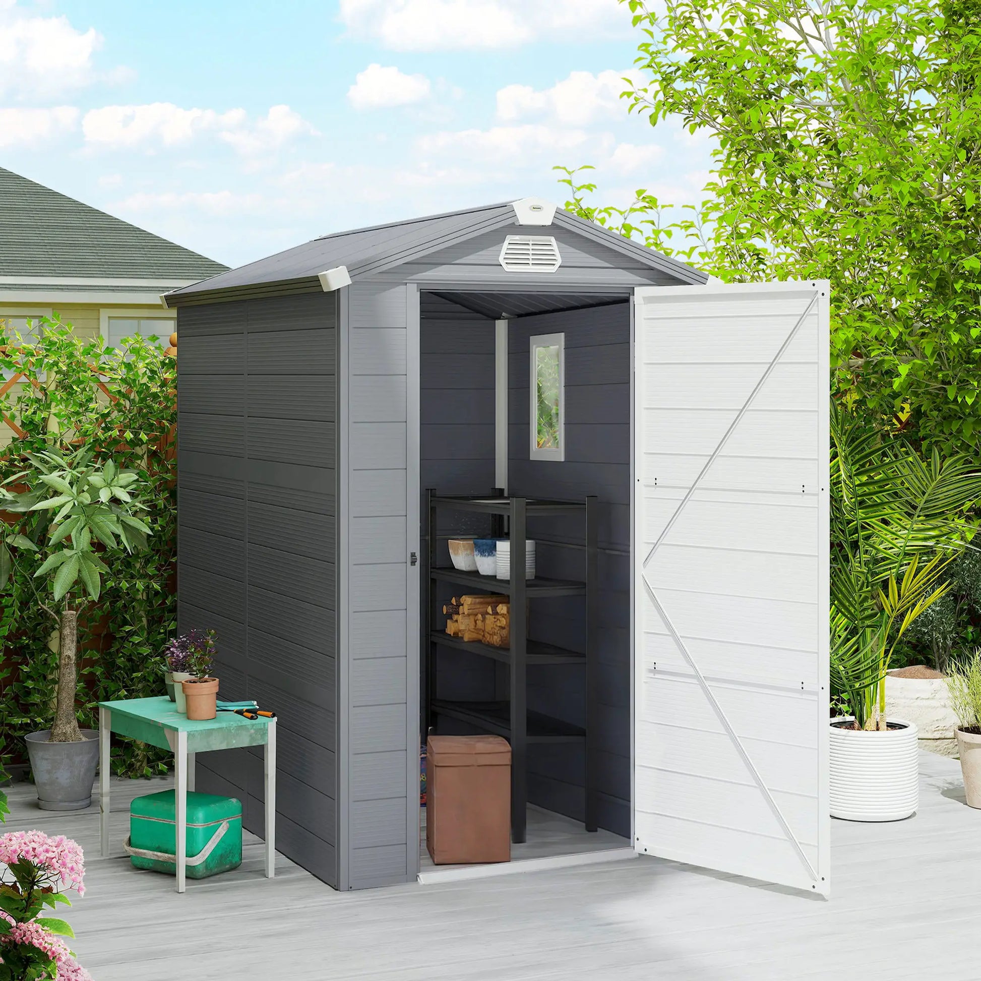 4.5' x 6' Plastic Garden Storage Shed, Latch Door, Vents, Dark Grey Sheds at Gallery Canada
