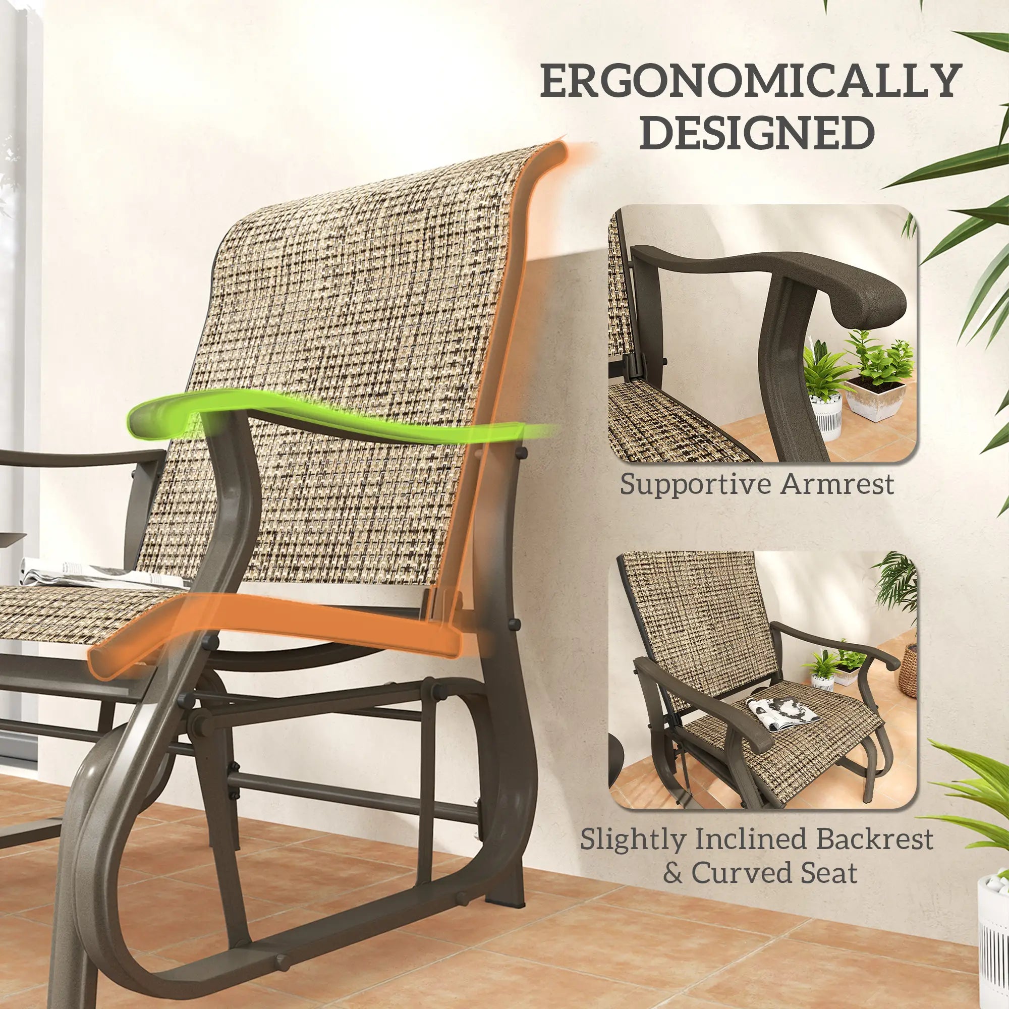 Outdoor Glider Chair, Steel Frame Mesh Fabric, Light Mixed Brown, Brown Outdoor Gliders at Gallery Canada