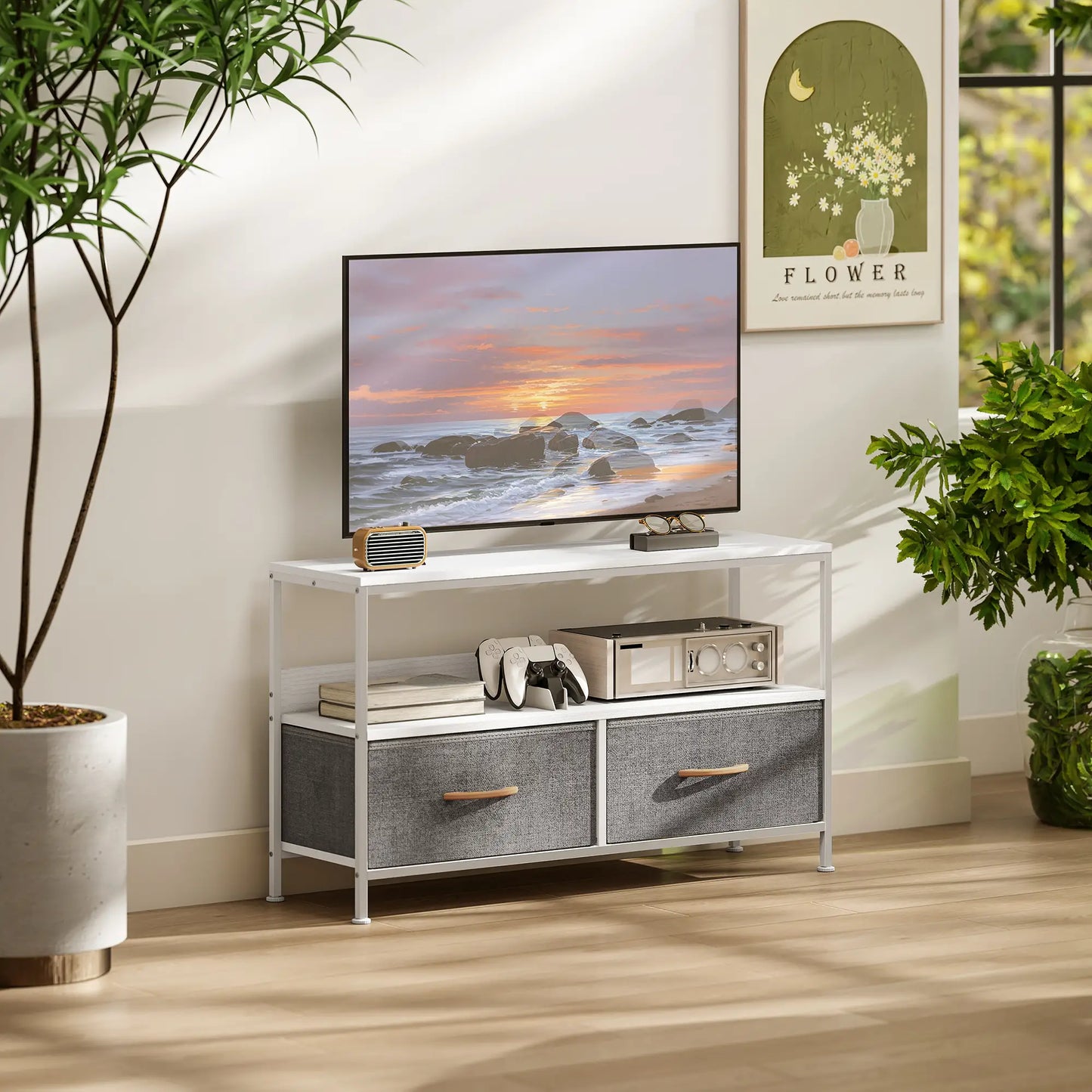 TV Stand with Charging Station, 2 Foldable Drawers, Open Shelf, 47 Inch, White TV Stands at Gallery Canada