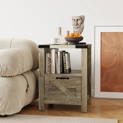 Farmhouse Side Table with Storage, Drawer, Open Shelf, Grey Side Tables at Gallery Canada
