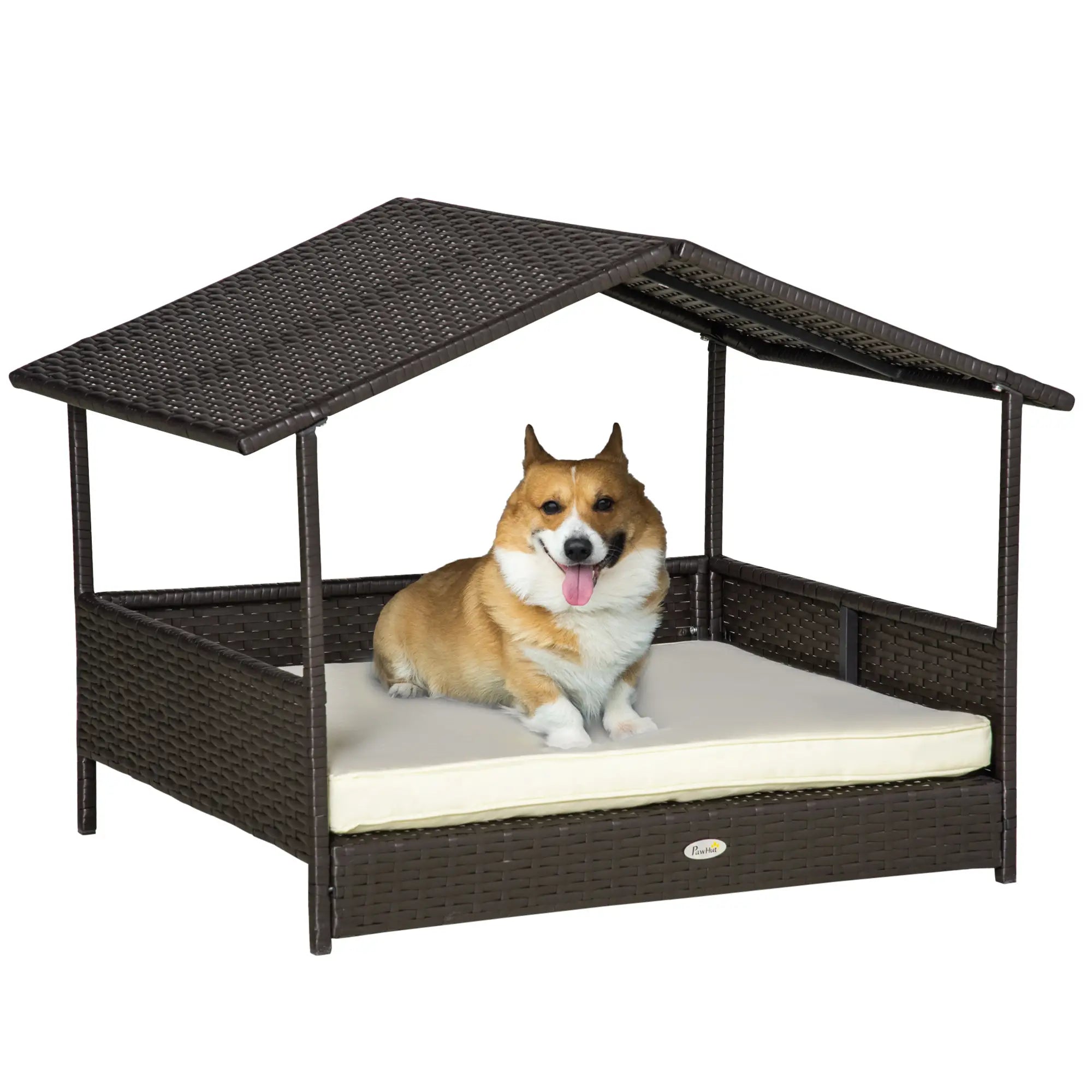 Elevated Rattan Dog House, Wicker Bed with Cushion, Small Medium Dogs, Cream White Houses, Kennels & Pens Dark Coffee Rattan, Cream White Cushion at Gallery Canada