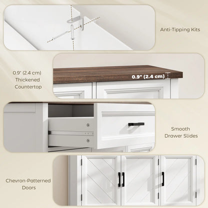 44" Farmhouse Sideboard Buffet Cabinet, 3 Chevron Doors, 2 Drawers, White Storage Cabinets at Gallery Canada