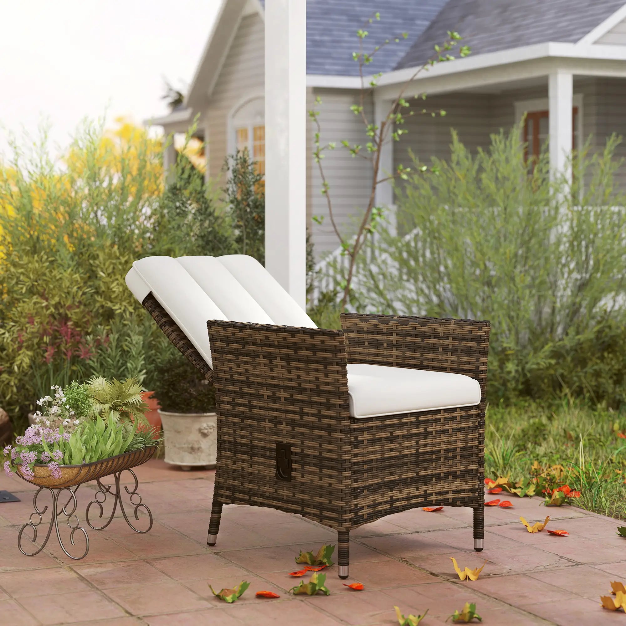 Wicker Outdoor Recliner Chair, Adjustable Backrest With Cushion, Cream White Wicker Chaise Loungers at Gallery Canada