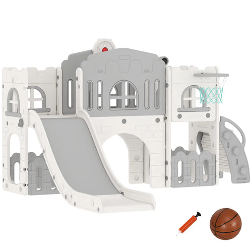 7-In-1 Toddler Slide With Basketball Hoop, Climber, Tunnel, Grey