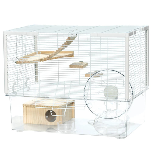 Hamster Cage, Deep Bottom, Wooden Ramp, Hut, Exercise Wheel, White
