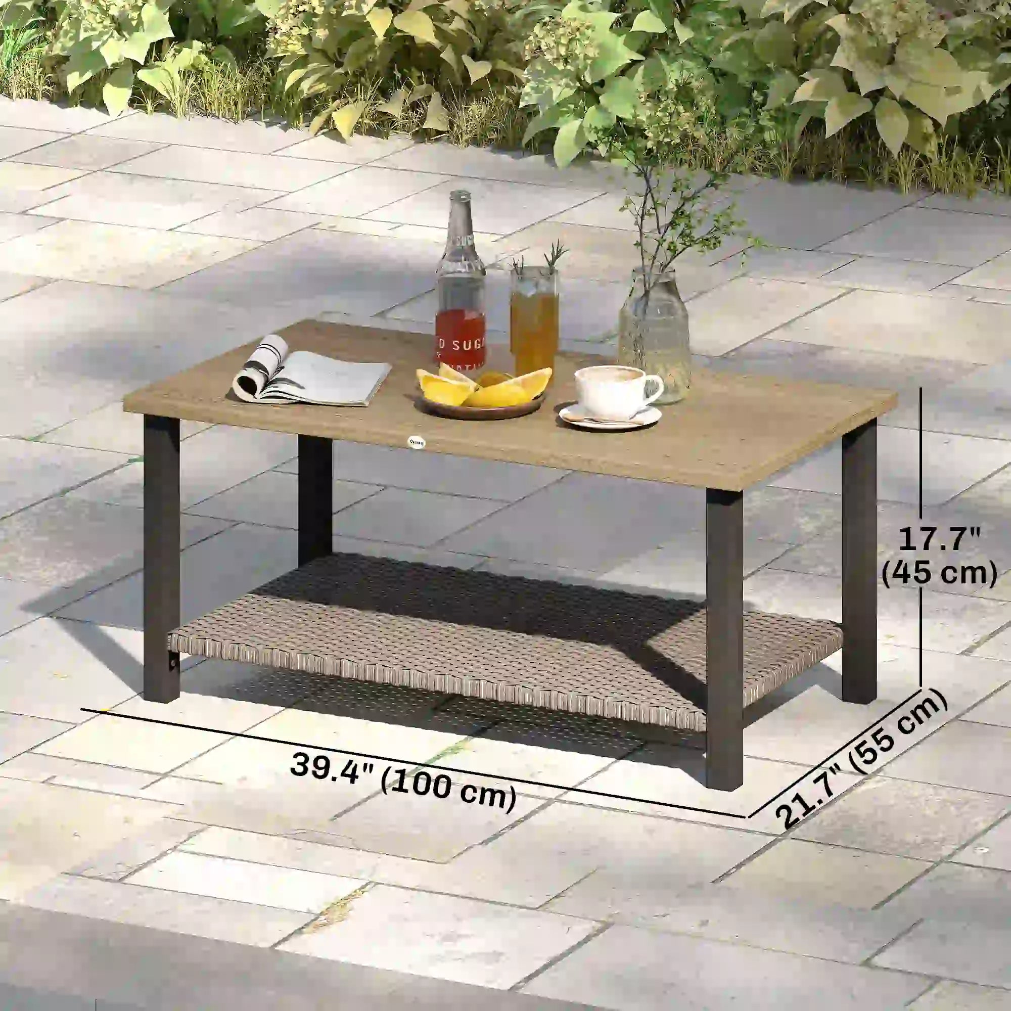 2-Tier Rectangle Outdoor Coffee Table, Wood-Effect Metal Top, Wicker Shelf, Brown Patio Side Tables at Gallery Canada