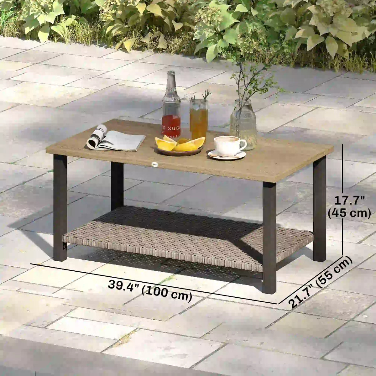 2-Tier Rectangle Outdoor Coffee Table, Wood-Effect Metal Top, Wicker Shelf, Brown Patio Side Tables at Gallery Canada