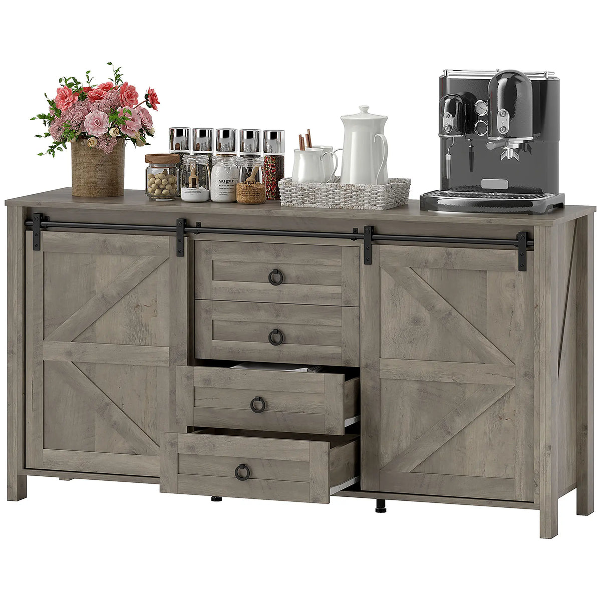 60" Buffet Cabinet, Farmhouse Sideboard, Sliding Barn Doors, Light Grey Bar Cabinets Distressed Light Grey at Gallery Canada