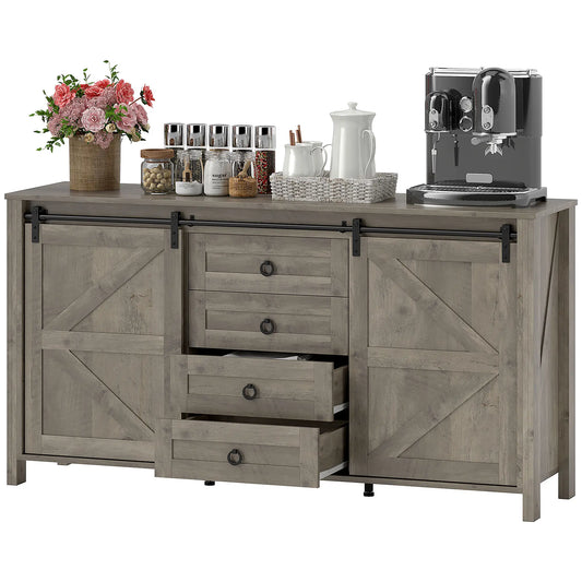 60" Buffet Cabinet, Farmhouse Sideboard, Sliding Barn Doors, Light Grey Bar Cabinets Distressed Light Grey at Gallery Canada