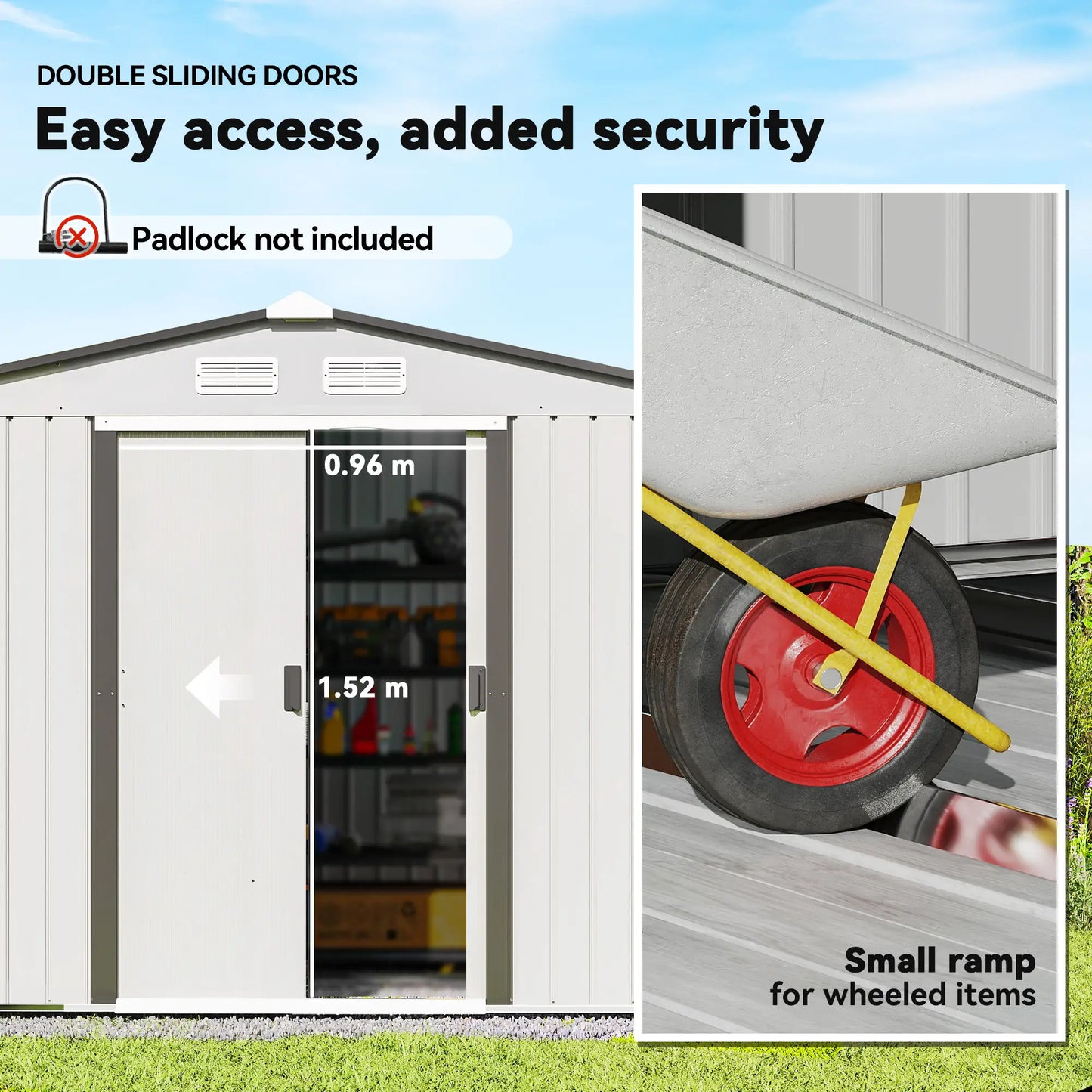 9.1' x 6.4' x 6.3' Garden Storage Shed, Foundation Kit, Metal Tool House, Double Doors, Silver Sheds at Gallery Canada