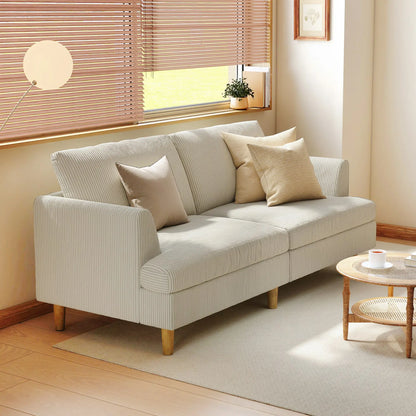 Canapé 3 places, 74" Canapé en velours côtelé, Pieds en bois massif, Beige