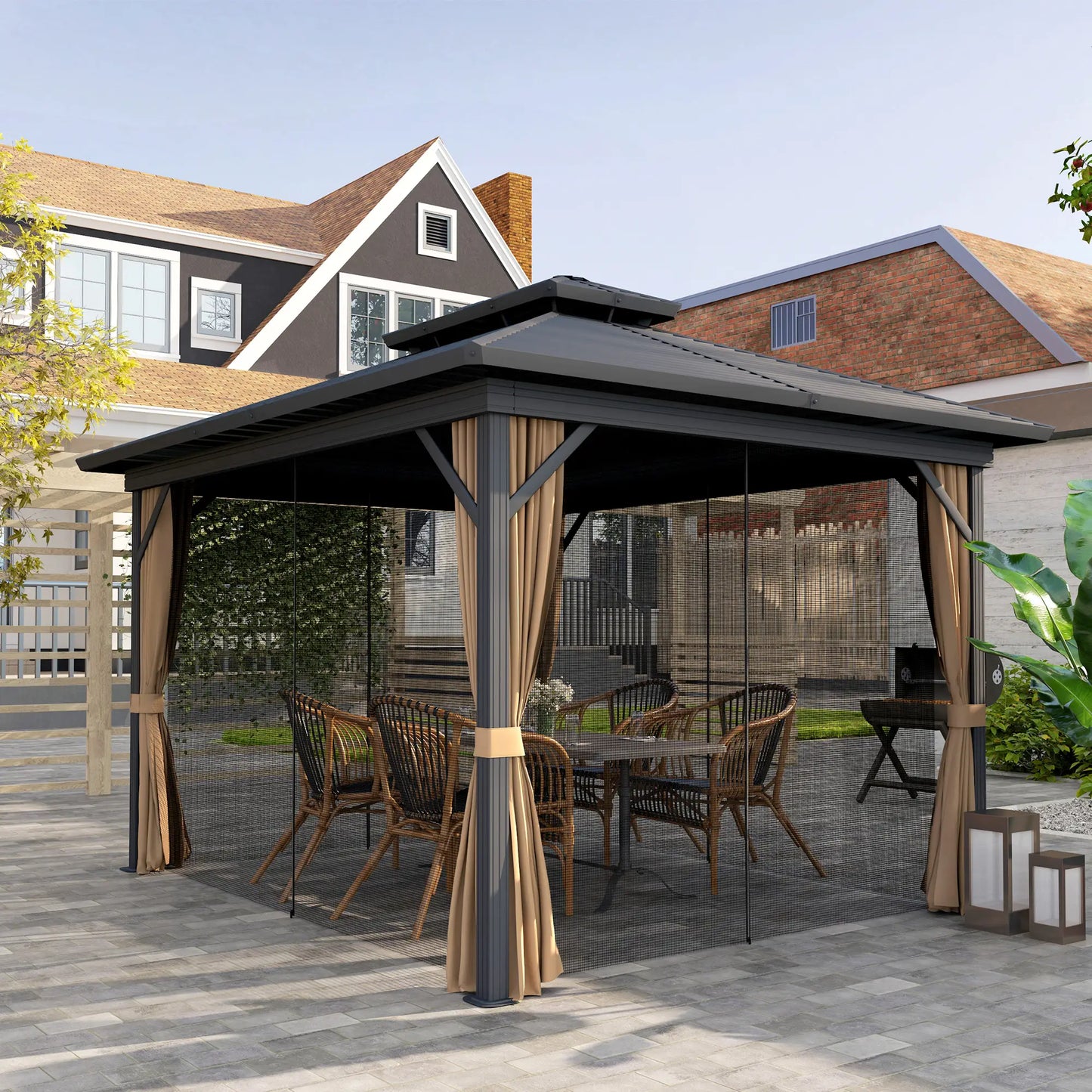 10' x 12' Hardtop Gazebo, Double Tier Roof, Mosquito Net, Dark Brown Gazebos at Gallery Canada