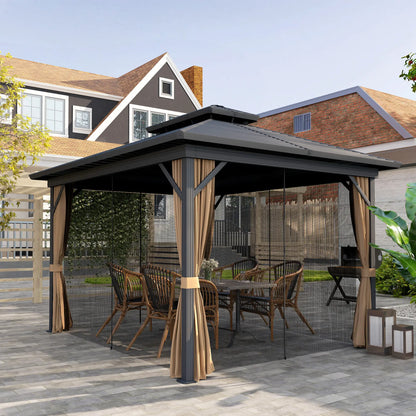 10' x 12' Hardtop Gazebo, Double Tier Roof, Mosquito Net, Dark Brown Gazebos at Gallery Canada