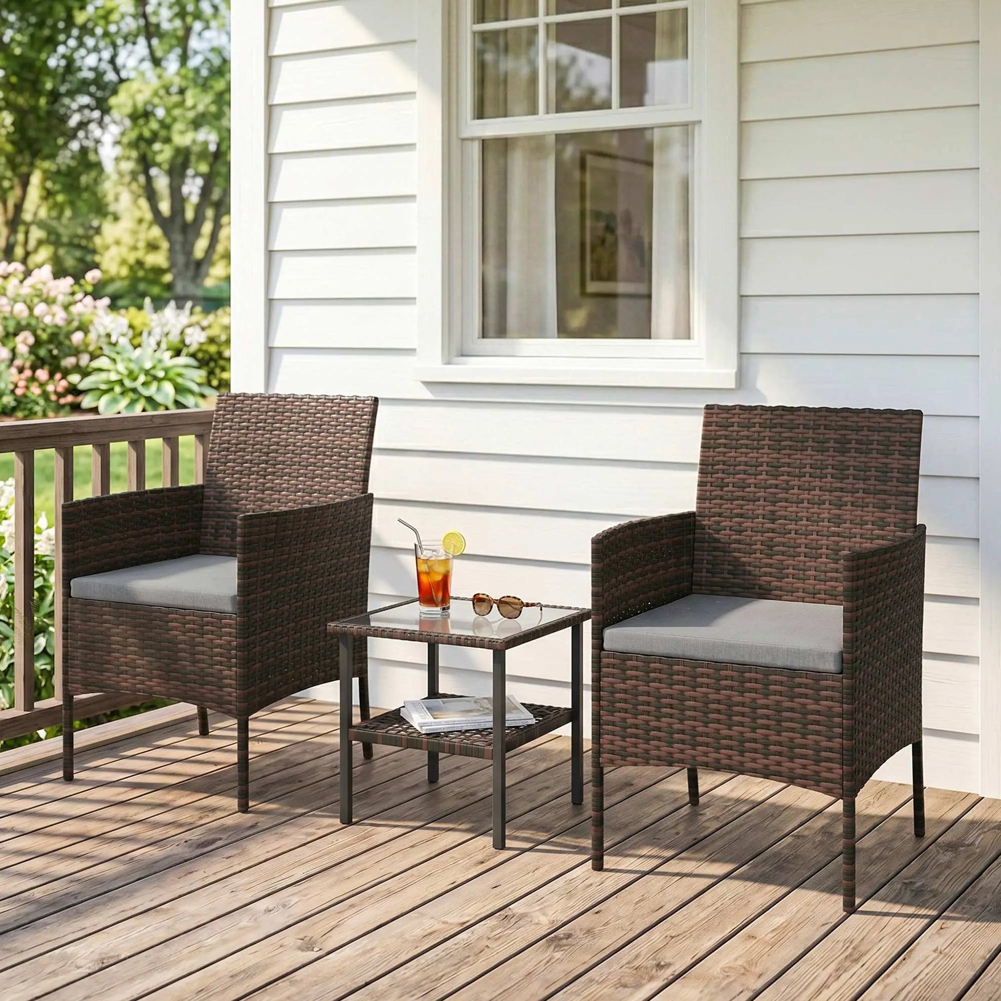 3 Piece Wicker Bistro Set, 2-Tier Glass Top Table, Dark Grey Patio Furniture Sets at Gallery Canada