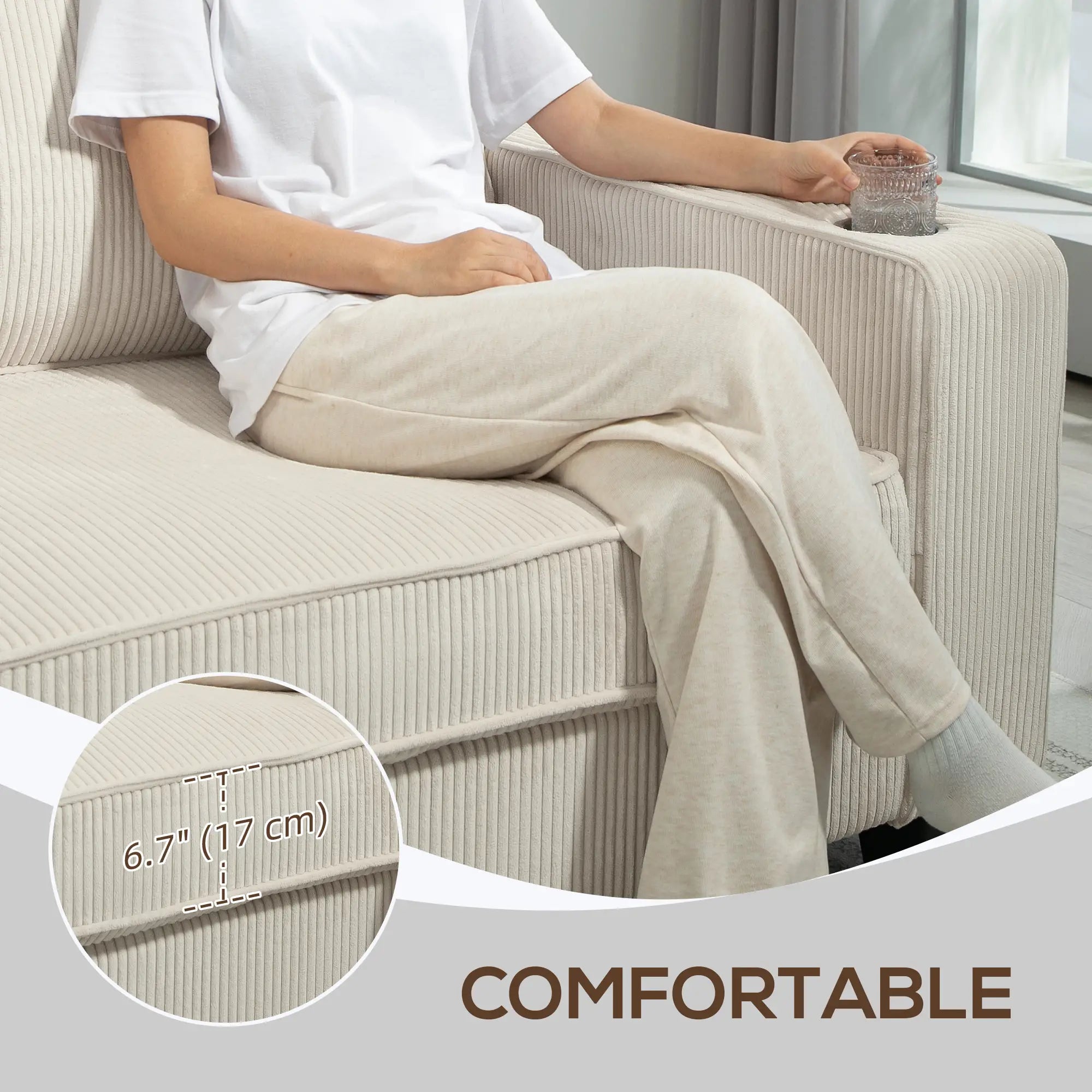 Three Seater Sofa, Fabric Couch with Spring Cushion, Cream White 3-Seater Sofas at Gallery Canada