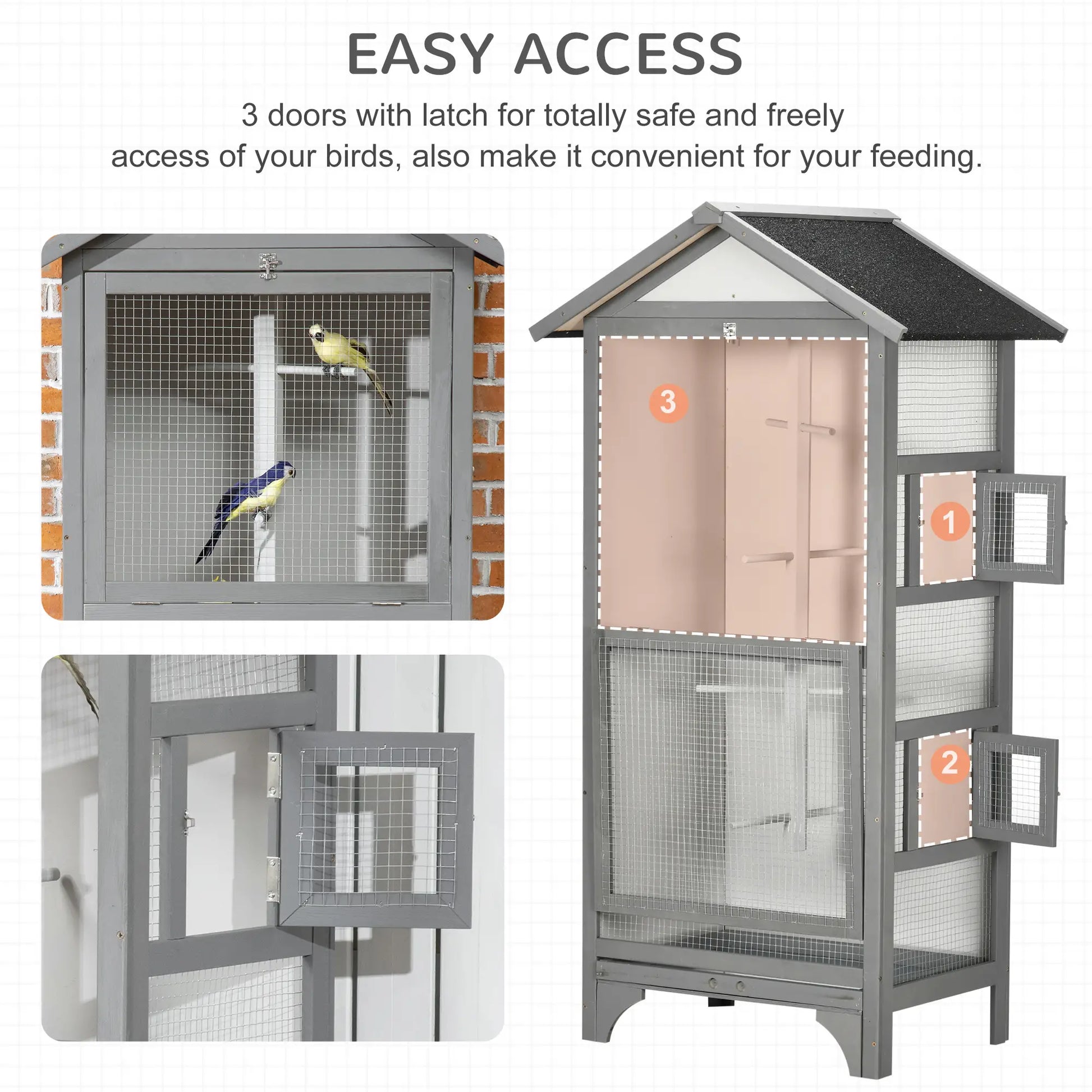 Wooden Bird Aviary Parrot Cage, Removable Tray, 2 Doors, 4 Perches, Light Grey Bird Cages at Gallery Canada