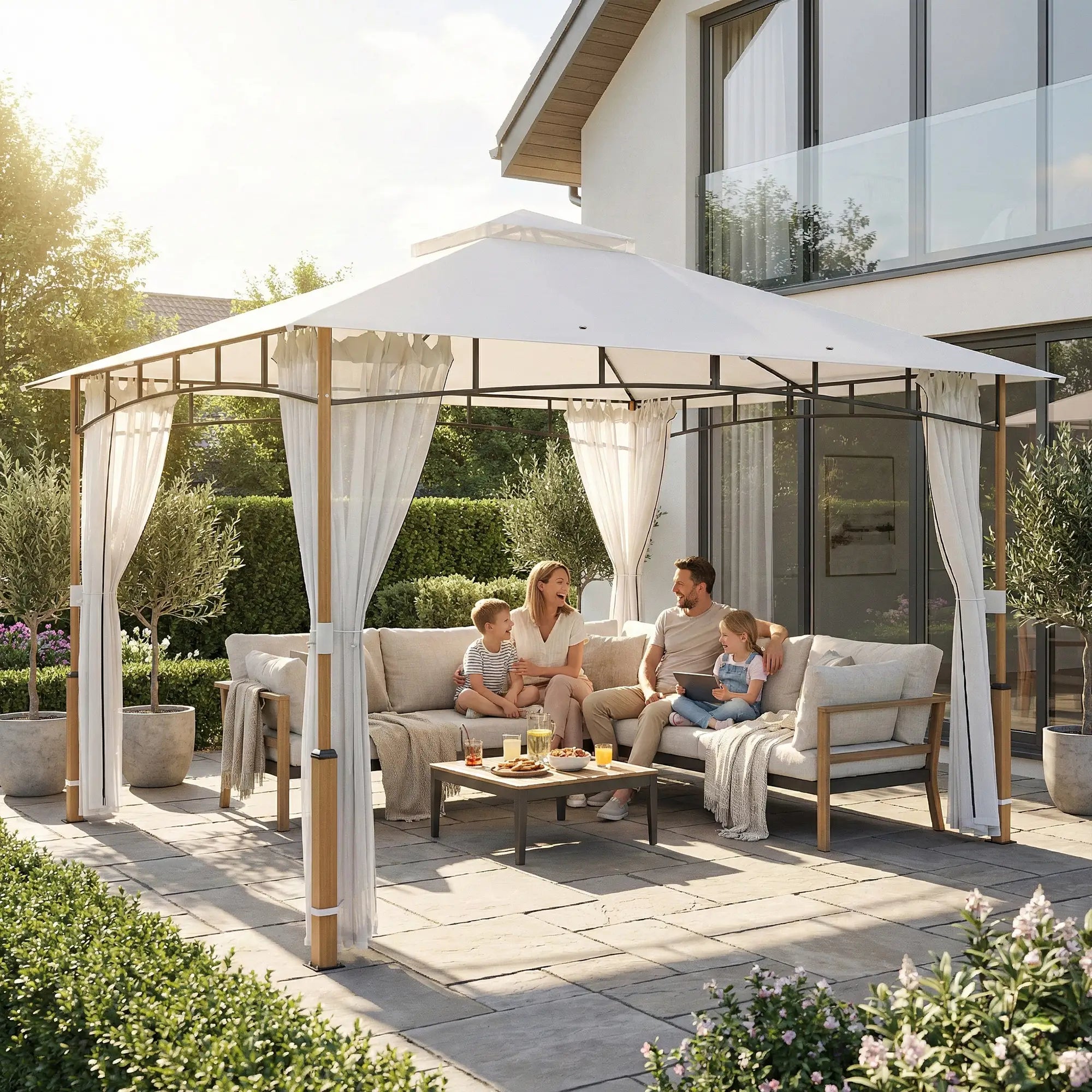 10' x 12' Cream White Patio Gazebo, UPF50+ Double Roof With Netting, Cream White Gazebos at Gallery Canada