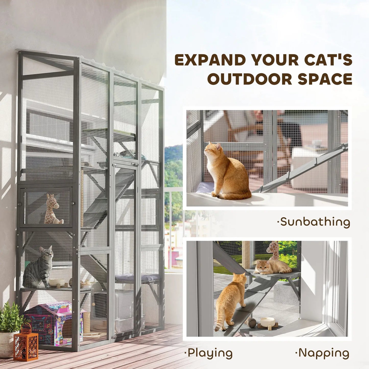 Wooden Catio Outdoor Cat Enclosure, 6 Jumping Platforms, Scratching Post, 2 Ramps, Waterproof Roof, Grey Outdoor Cat Enclosures at Gallery Canada