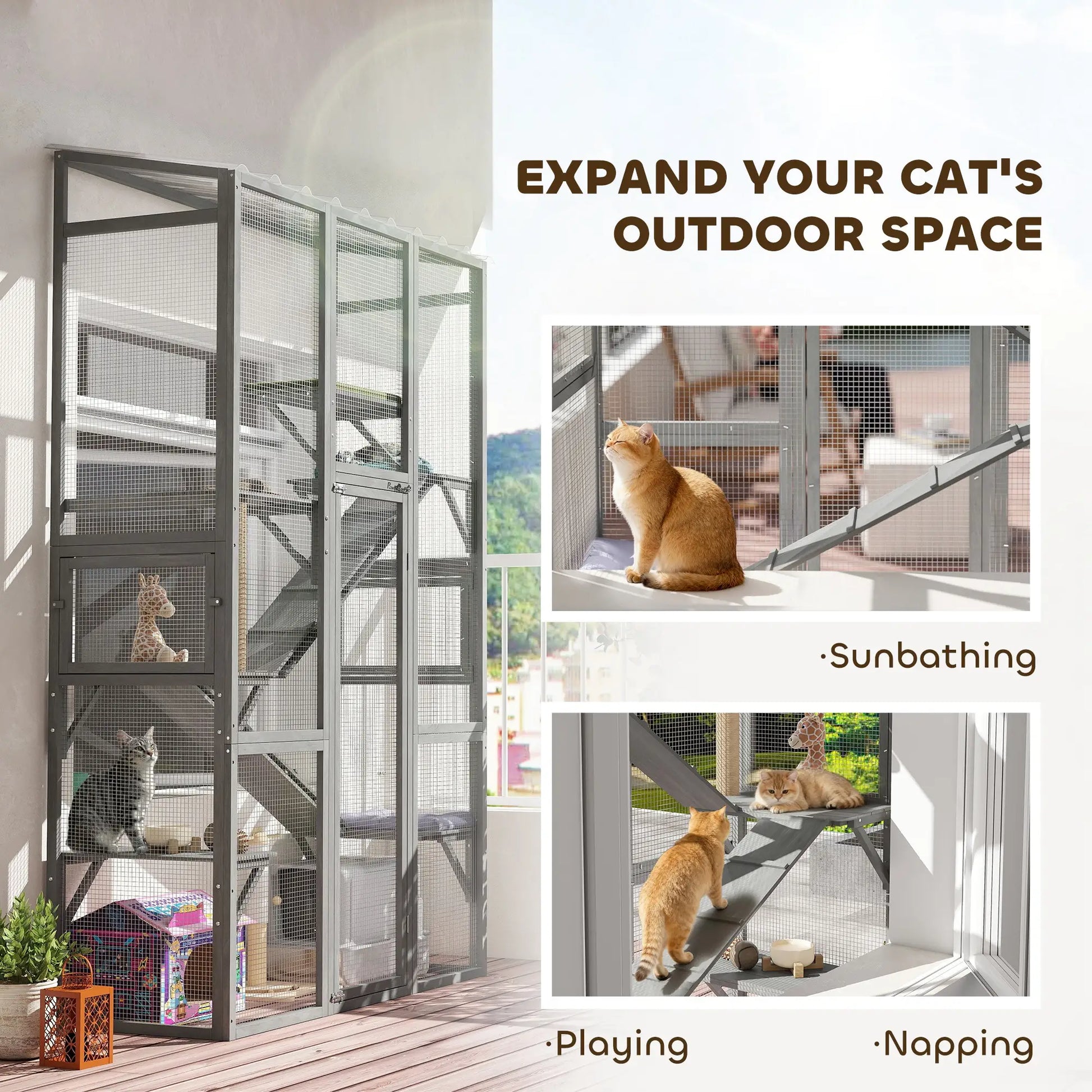 Wooden Catio Outdoor Cat Enclosure, 6 Jumping Platforms, Scratching Post, 2 Ramps, Waterproof Roof, Grey Outdoor Cat Enclosures at Gallery Canada