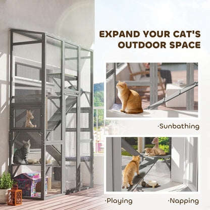 Wooden Catio Outdoor Cat Enclosure, 6 Jumping Platforms, Scratching Post, 2 Ramps, Waterproof Roof, Grey Outdoor Cat Enclosures at Gallery Canada