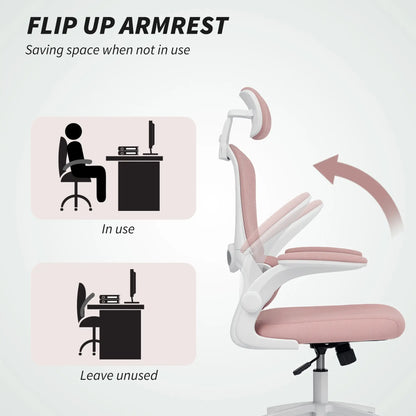 Ergonomic Mesh Office Chair, High Back, Rotatable Headrest, Flip-Up Armrests, Lumbar Support, Pink Task Chairs at Gallery Canada