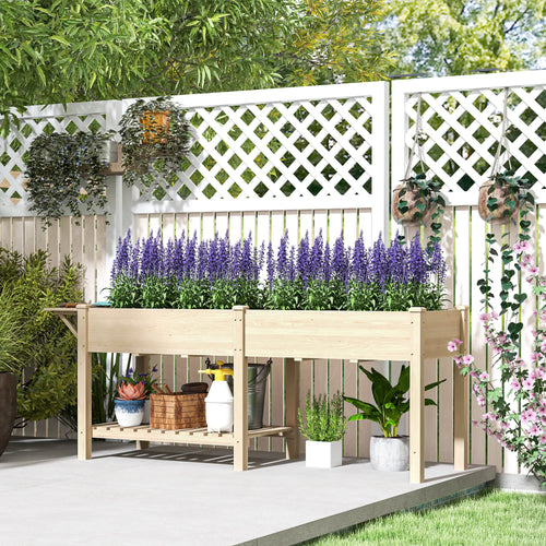 Raised Garden Bed, Wood Planter Box with Side Table, Natural