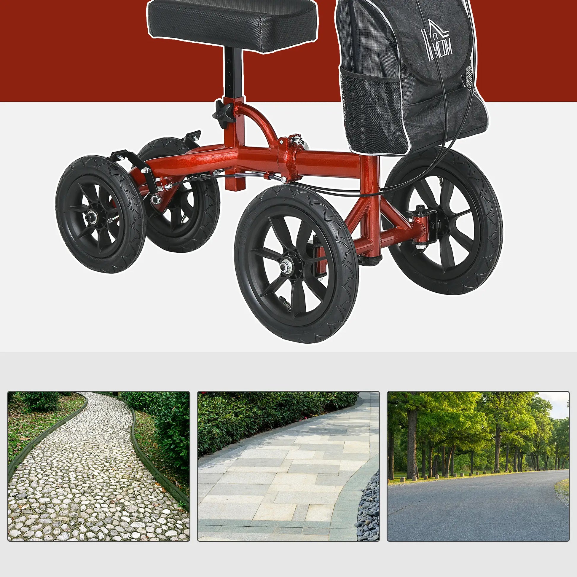 Adjustable Steerable Knee Walker, Foldable, Rubber Wheels, Dual Brake, Red Knee Walker & Wheelchair Ramps at Gallery Canada
