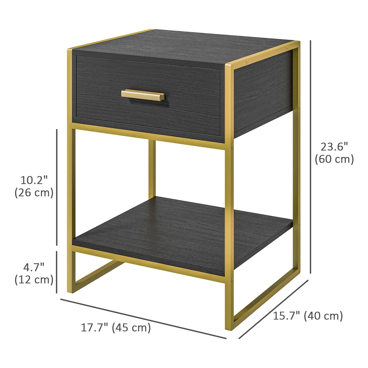 Modern Nightstand Set of 2, Small with Drawer, Shelf, Steel Frame, Black