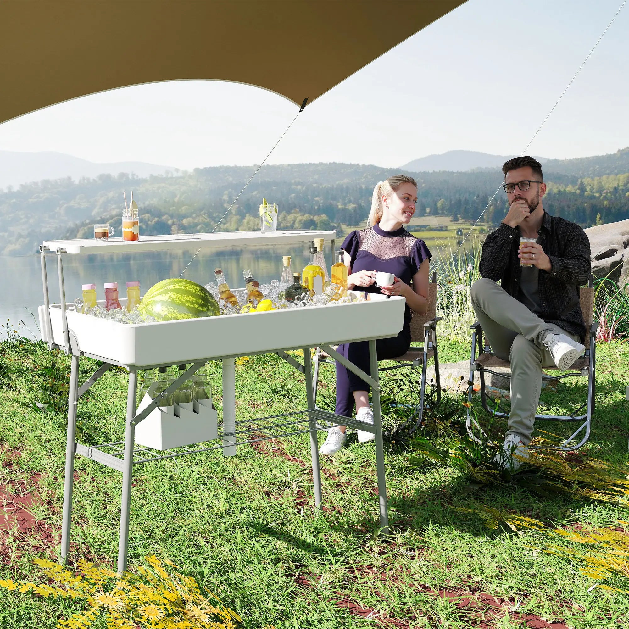 3.5ft Folding Ice Cooler Table with Drain, 2-Tier, Outdoor, White Picnic Tables & Camping Chairs at Gallery Canada