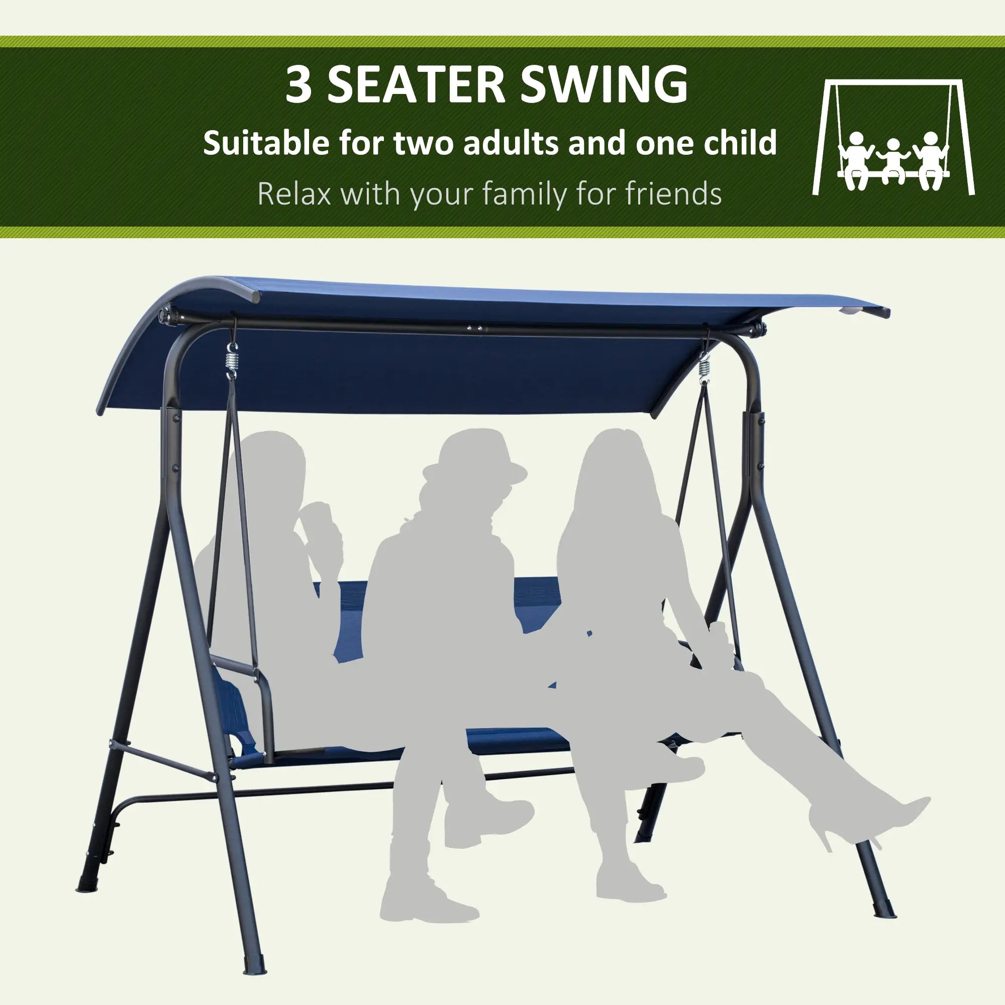 3-Seater Outdoor Swing, Adjustable Canopy, Dark Blue Porch Swings with Canopy at Gallery Canada