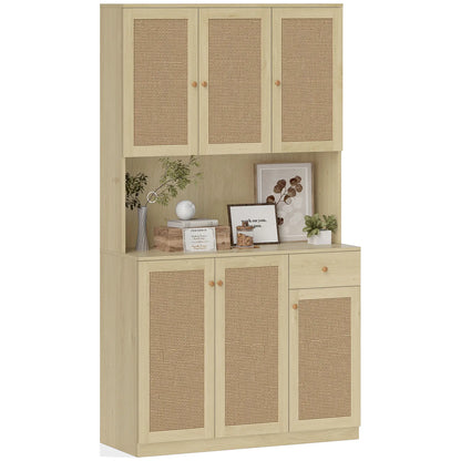 71" Kitchen Hutch with Microwave Countertop, Boho Pantry Cabinet, Rattan Doors, Natural Kitchen Pantry Cabinets at Gallery Canada