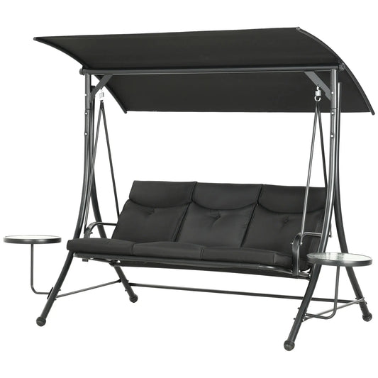 3 Seat Outdoor Swing Chair With Adjustable Canopy, Coffee Table, Cushion, Black