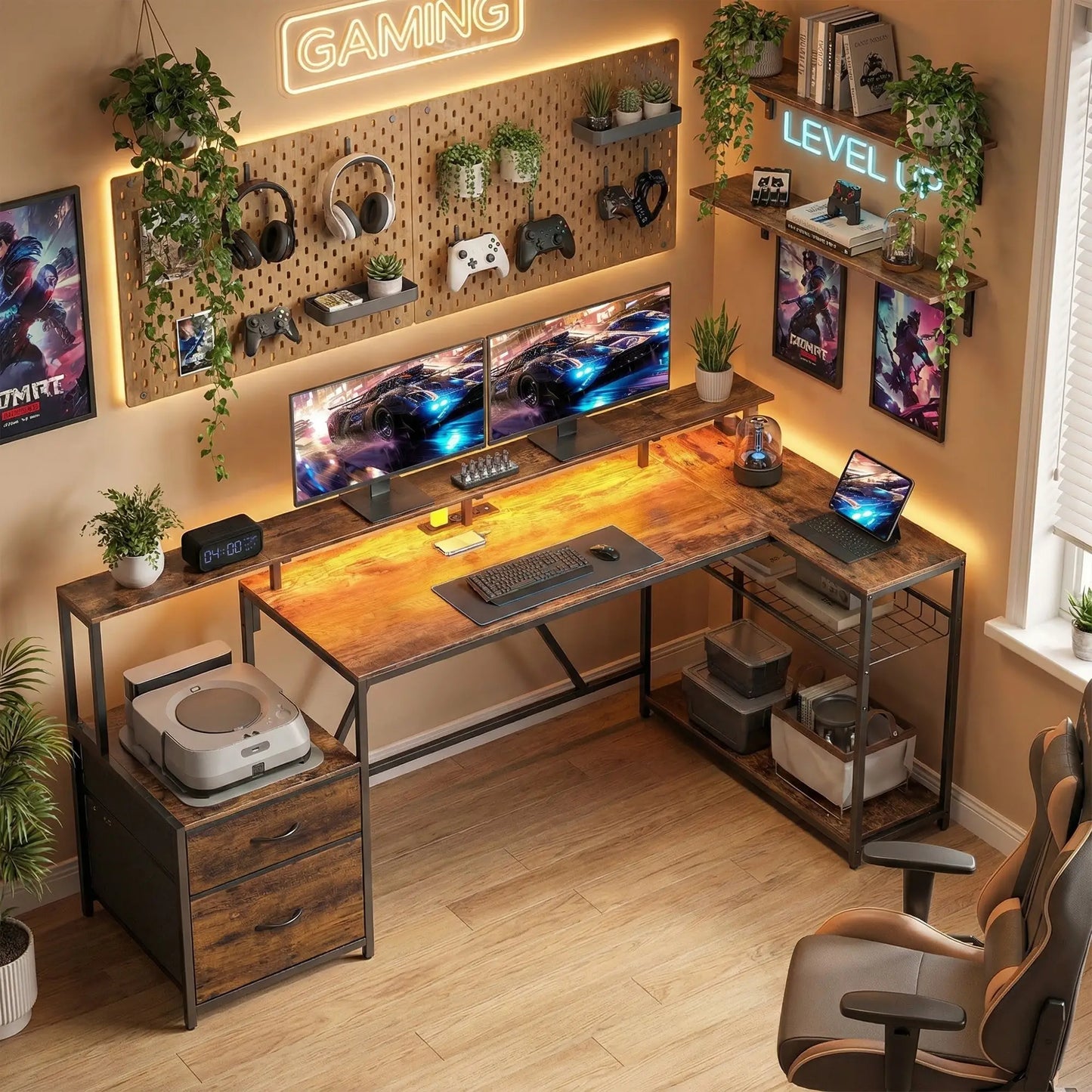 76" Gaming Desk, RGB Lights, USB Ports, Monitor Stand, Rustic Brown Gaming Desks at Gallery Canada