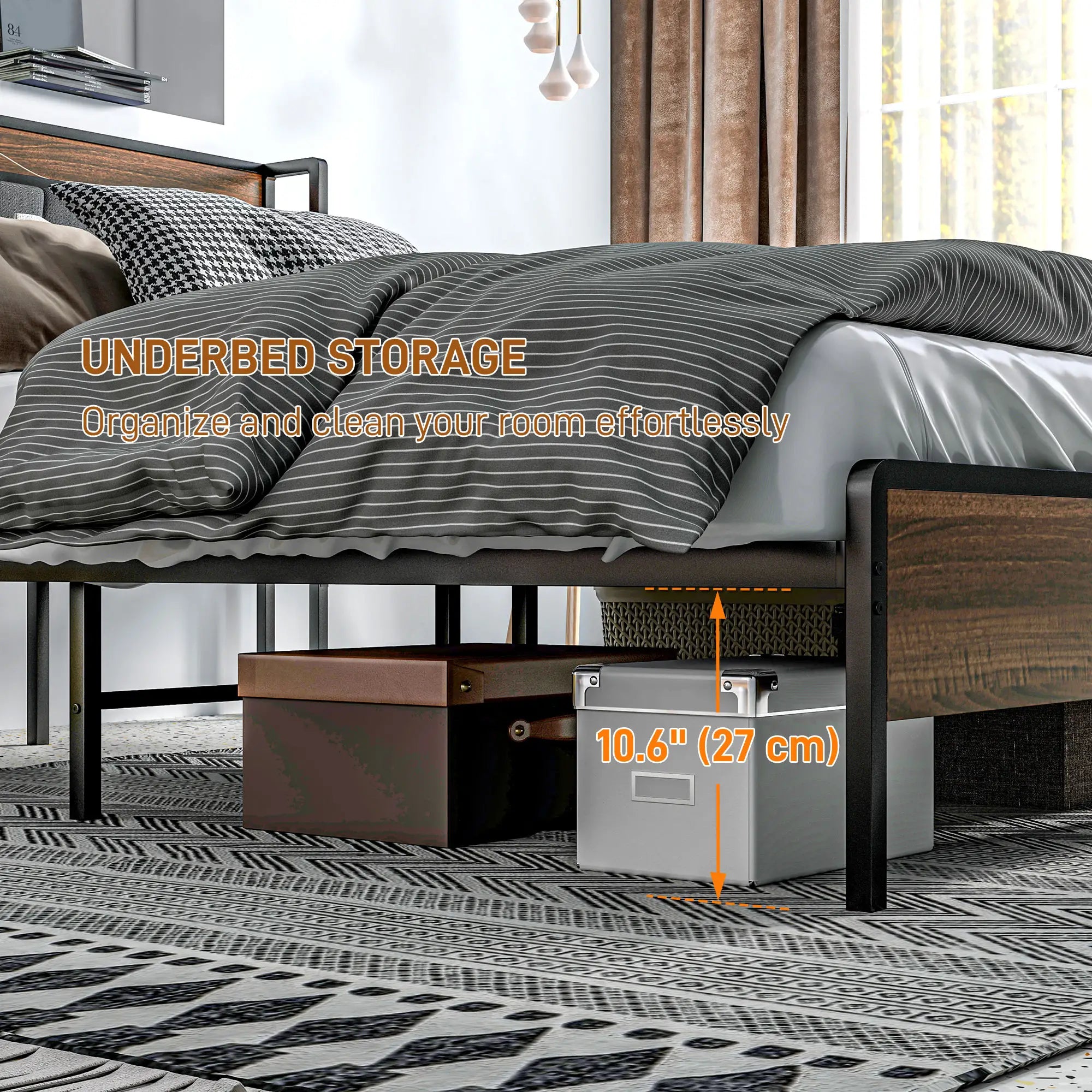 Queen Size Bed Frame, Upholstered Headboard, Storage Shelf, Walnut Bedroom Furniture at Gallery Canada