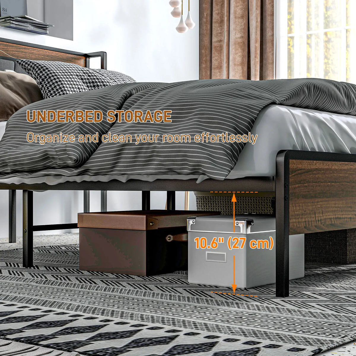 Queen Size Bed Frame, Upholstered Headboard, Storage Shelf, Walnut Bedroom Furniture at Gallery Canada