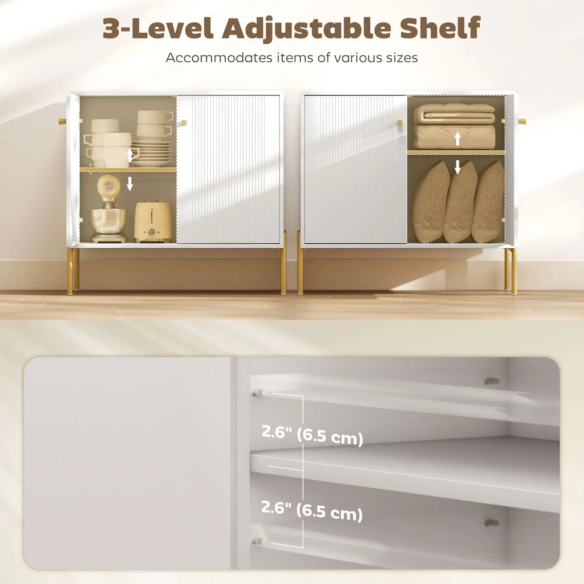Meuble d'appoint, Buffet Moderne, Portes Cannelées, Étagère Réglable, Blanc