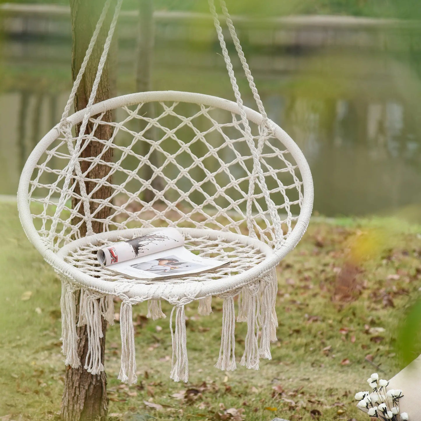 Hanging Rope Hammock Swing, Indoor Outdoor, Cotton-Polyester, Cream White Hammock Swings at Gallery Canada