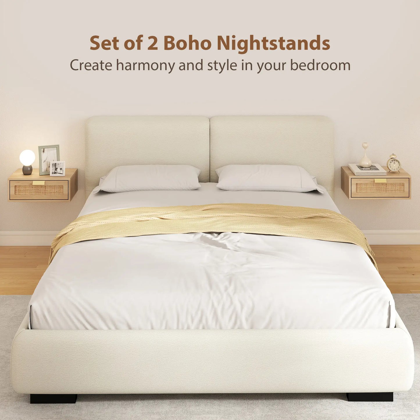 Floating Bedside Tables Set Of 2, Wall Mounted Nightstands, Rattan Drawer, Wood Effect, Oak Bedside Tables at Gallery Canada