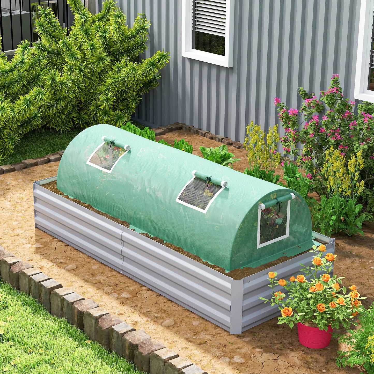 Portable Mini Greenhouse, 7' x 3' x 2', Steel Frame With 5 Mesh Windows, Green