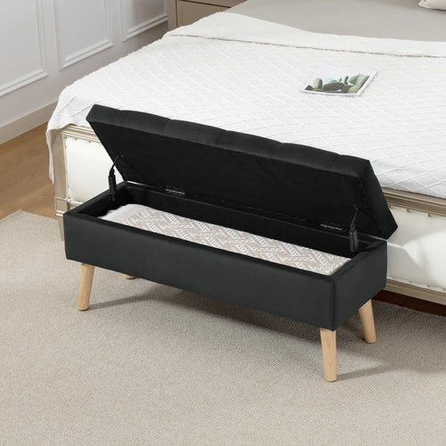 Velvet Storage Ottoman with Lid, Wood Legs, Black
