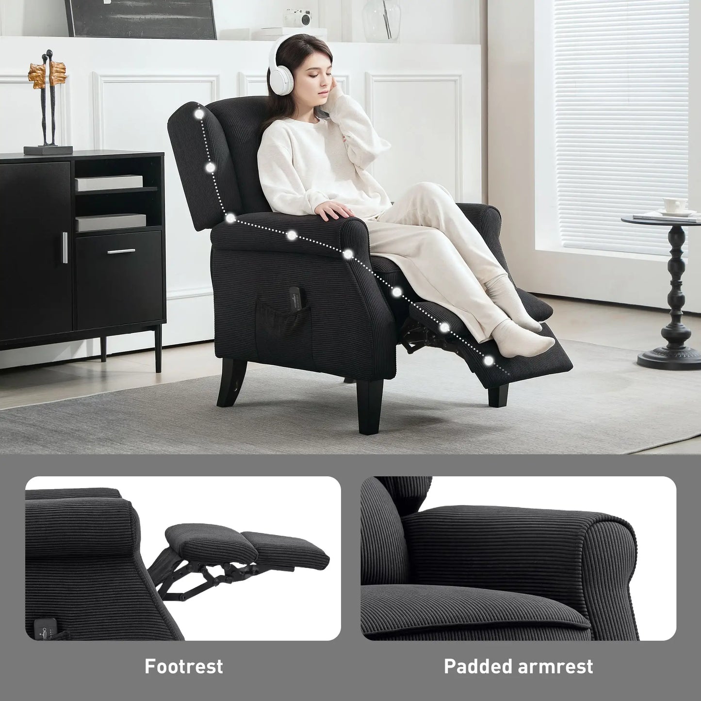 Push Back Recliner Chair, Vibration Massage, Extendable Footrest, Remote, Pocket, Black Sofas & Reclining Chairs at Gallery Canada