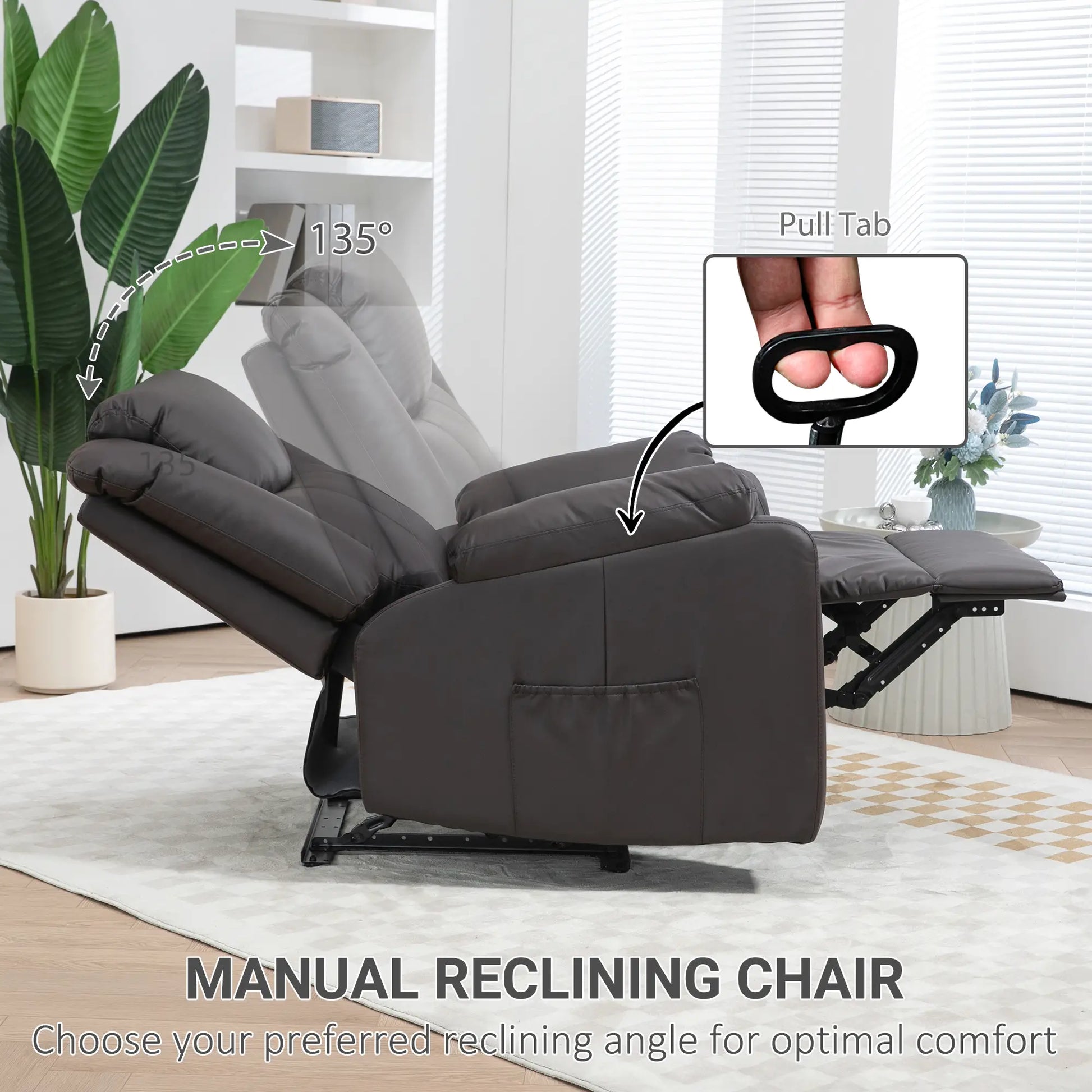 PU Leather Reclining Chair, Recliner Chair for Living Room with Footrest and 2 Side Pockets, Brown Single Sofas at Gallery Canada