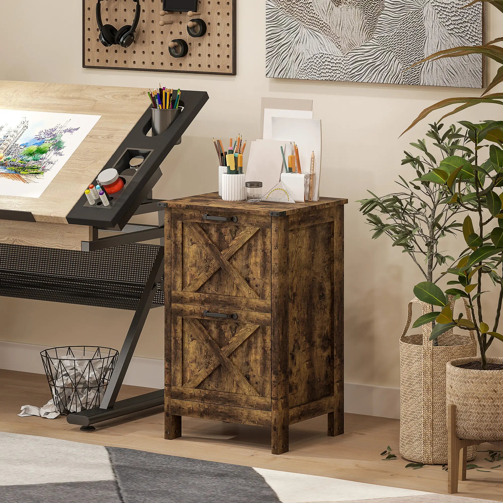 Vertical 2-Drawer Filing Cabinet, A4 Letter Size, Rustic Brown Office Cabinets & Cupboards at Gallery Canada