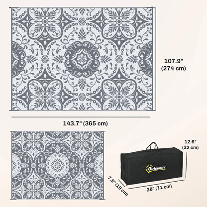Tapis Extérieur Portable, 9' x 12', Imperméable, Fleur Blanche, Gris