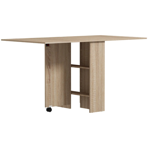 Extendable Dining Table, Collapsible w/ 2-Tier Shelves, Rolling Casters, Nature Wood